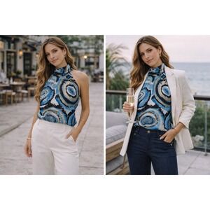 Y2K Designer-Inspired Tie Neck Halter Blouse High Neck Abstract Print